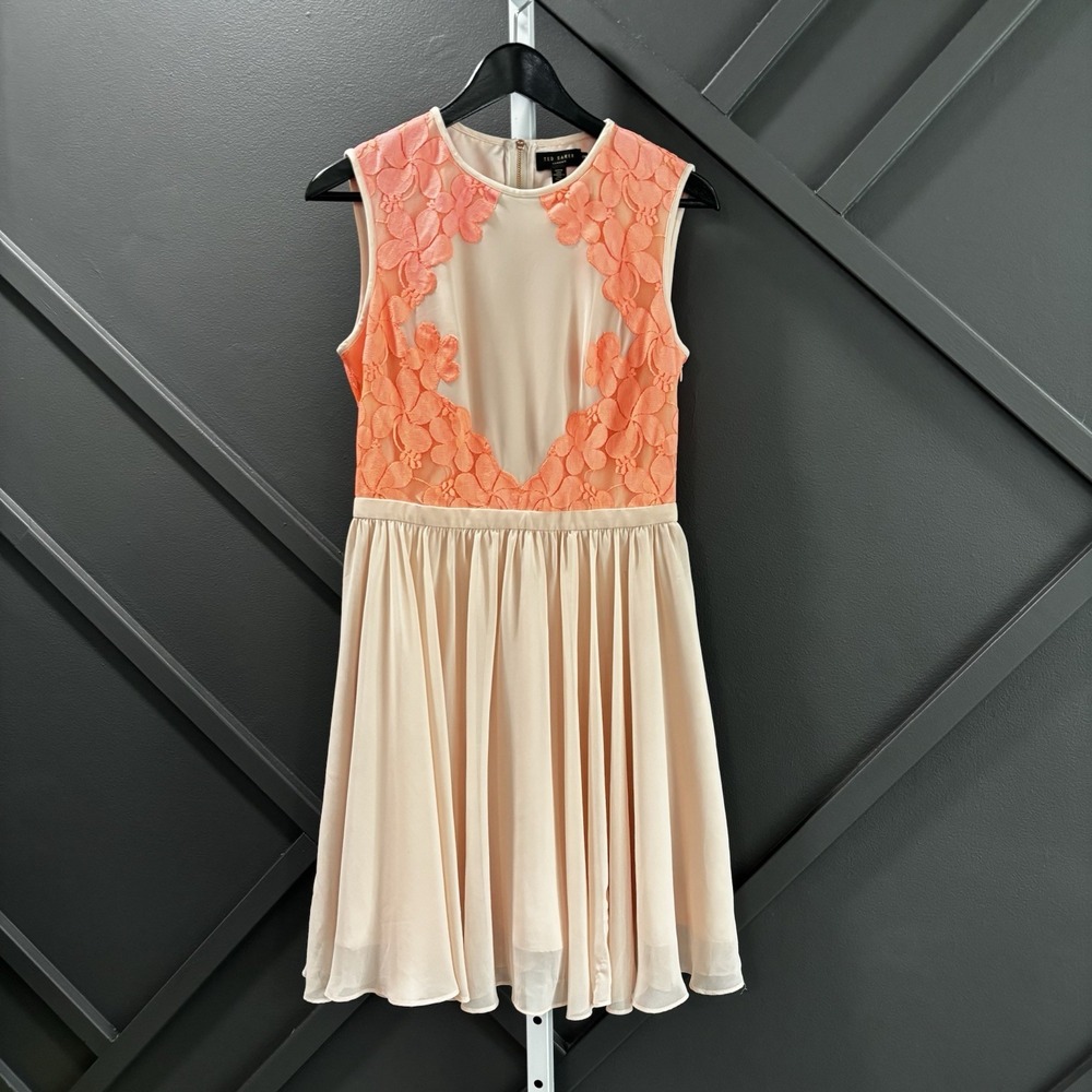 Ted Baker London Blush Coral Floral Lace Fit Flare Dress Womens Size 2